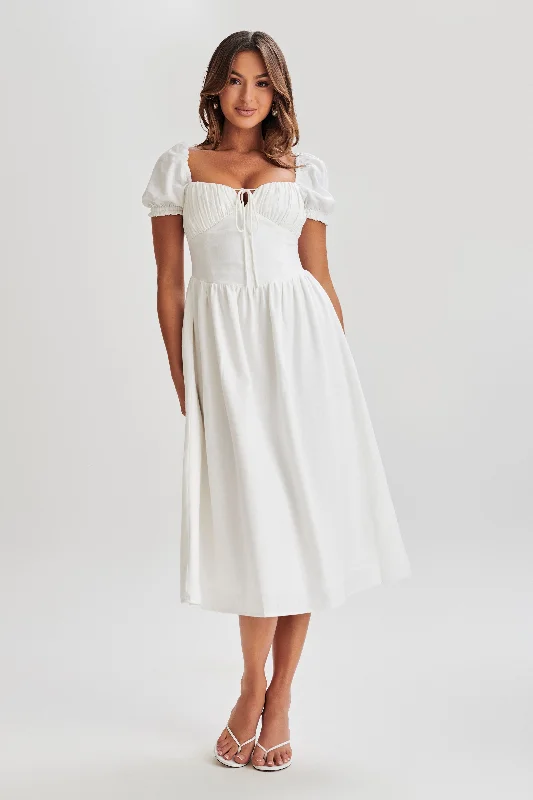 Midi dresses with ruched sleeves for a more fitted and stylish arm lookRosalind Puff Sleeve Midi Dress - White Midi dresses with ruched sleeves for a more fitted and stylish arm lookRosalind Puff Sleeve Midi Dress - White