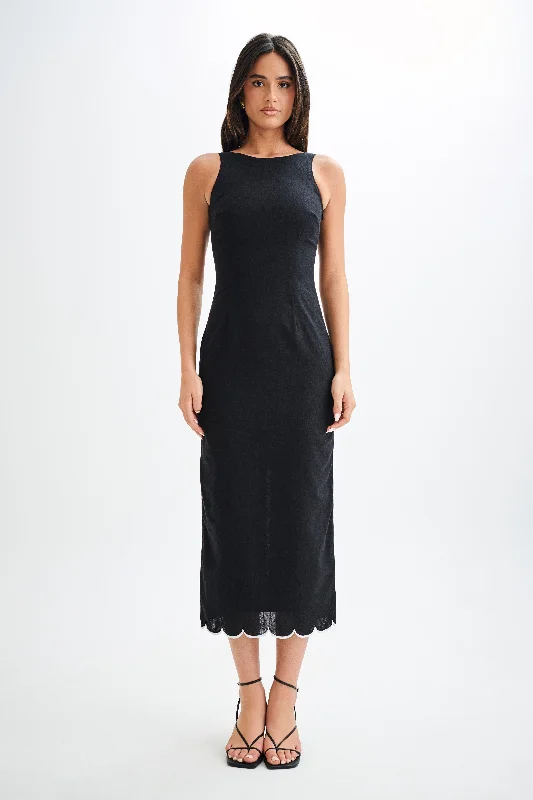 Midi dresses with gathered skirts for a full and flowing silhouetteSofiane Scalloped Linen Midi Dress - Black Midi dresses with gathered skirts for a full and flowing silhouetteSofiane Scalloped Linen Midi Dress - Black