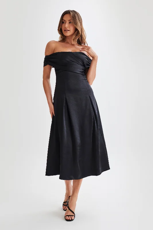 Midi dresses with button - front designs for a classic touchSofie Off Shoulder Midi Dress - Black Midi dresses with button - front designs for a classic touchSofie Off Shoulder Midi Dress - Black