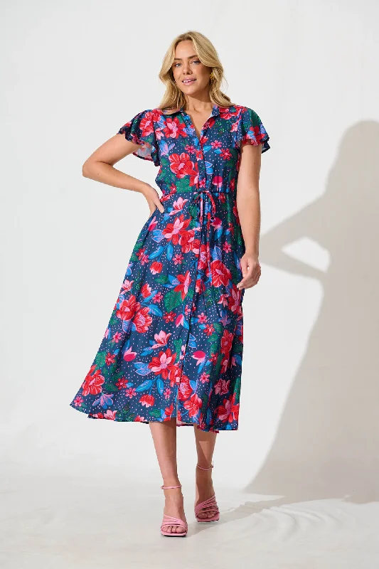 Maxi - inspired midi dresses with flowing fabrics for a beachy vibeSweet Lover Midi Dress in Navy with Red Floral Maxi - inspired midi dresses with flowing fabrics for a beachy vibeSweet Lover Midi Dress in Navy with Red Floral