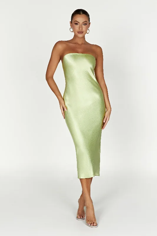 Midi dresses with pom - pom trims for a playful and festive lookTyler Strapless Satin Midi Dress - Pistachio Green Midi dresses with pom - pom trims for a playful and festive lookTyler Strapless Satin Midi Dress - Pistachio Green