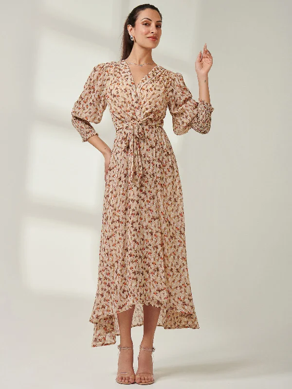 Midi dresses with printed lining for a hidden and stylish detailV Neck Tie Waist Puff Sleeve Maxi Dress, Brown Floral Midi dresses with printed lining for a hidden and stylish detailV Neck Tie Waist Puff Sleeve Maxi Dress, Brown Floral