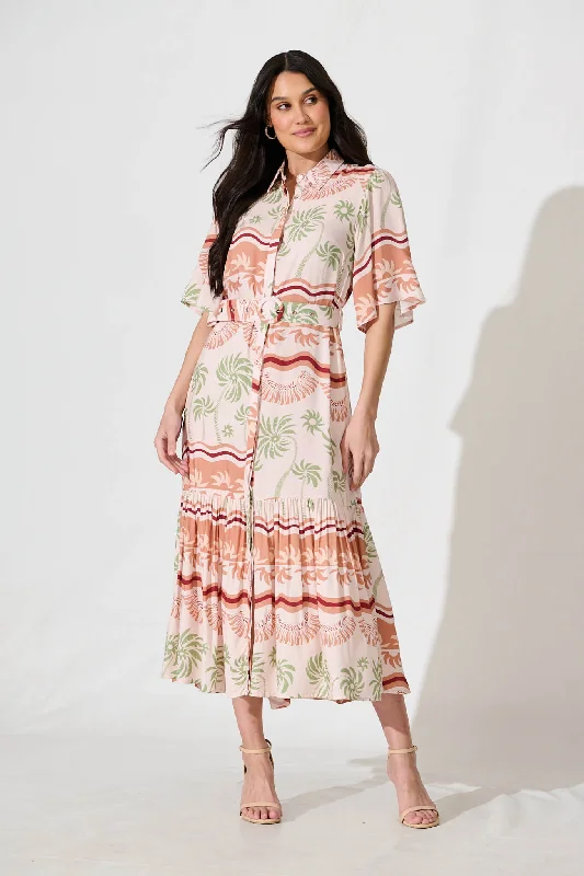 Midi dresses with satin - finish fabrics for a luxurious feelVance Midi Shirt Dress in Beige Multi Print Midi dresses with satin - finish fabrics for a luxurious feelVance Midi Shirt Dress in Beige Multi Print