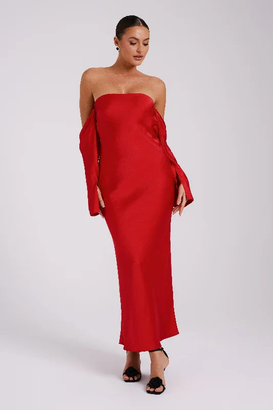 Midi dresses with ribbed textures for a unique and tactile appearanceVee Off Shoulder Satin Midi Dress - Red Midi dresses with ribbed textures for a unique and tactile appearanceVee Off Shoulder Satin Midi Dress - Red