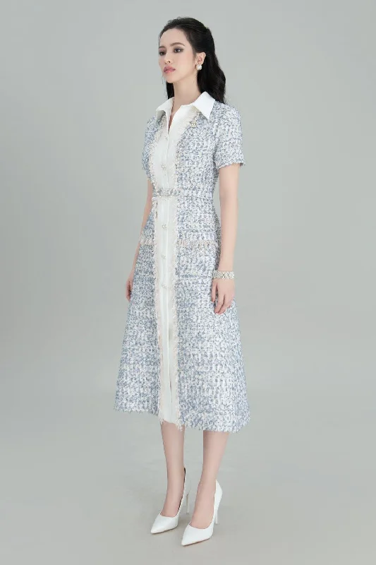 Sheath midi dresses with beaded embellishments for a formal occasionYuki A-line Short Sleeved Tweed Midi Dress Sheath midi dresses with beaded embellishments for a formal occasionYuki A-line Short Sleeved Tweed Midi Dress