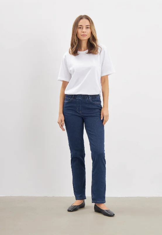 Men's Distressed Jeans with Patches for a Retro and DIY - Inspired AppearanceHannah Regular - Medium Length - Dark Blue Denim