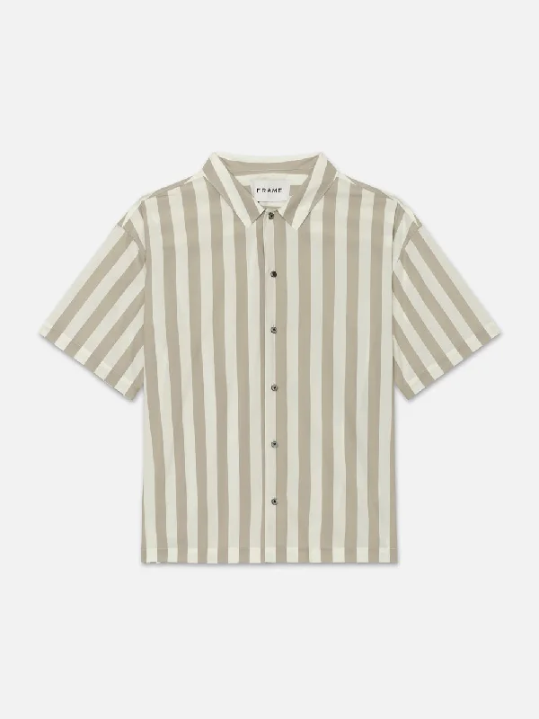 Men's Jeans with a Button - Fly for a Traditional and Classic AestheticCamp Collar Shirt -- Smoke Beige Stripe Men's Jeans with a Button - Fly for a Traditional and Classic AestheticCamp Collar Shirt -- Smoke Beige Stripe