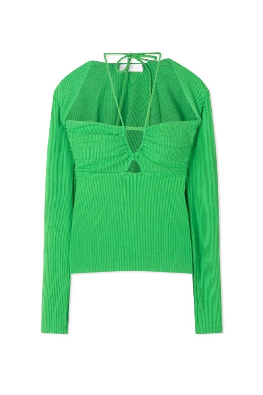Men's Distressed Jeans with Patches for a Retro and DIY - Inspired AppearanceJonathan Simkhai Merritt Rib Cutout Top - Parrot