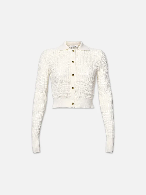 Men's Slim Fit Stretch Jeans in Dark Wash for a Modern and Comfortable LookShrunken Crochet Cardi -- Off White