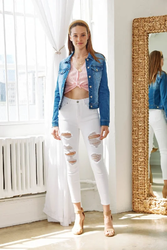 Men's High - Waisted Jeans in a Medium Wash for a Vintage - Style RevivalHigh Rise Destructed Skinny Jeans