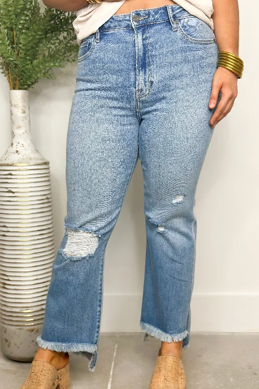 Women's flared office pants Ripped women jeans for a rebellious and fashion - forward style Medium Light Crop Flare Hem Slit Bottoms Women's flared office pants Ripped women jeans for a rebellious and fashion - forward style Medium Light Crop Flare Hem Slit Bottoms