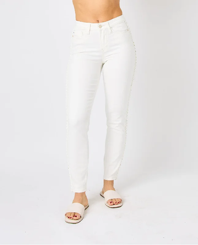 Women's pants for family gatherings Embroidered women jeans with intricate patterns Judy Blue Mid Rise SS Braided Detail Relaxed Jeans