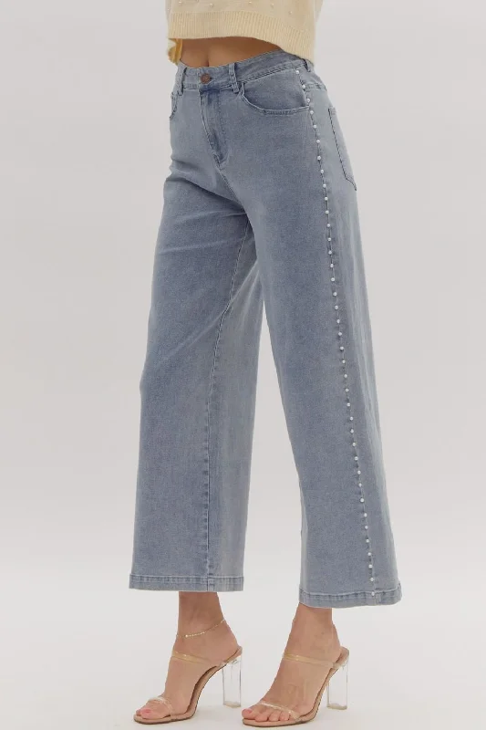 Women's luxury leather pants Stretch women jeans for enhanced mobility and comfort Pearl Trimmed Blue Denim Pants Women's luxury leather pants Stretch women jeans for enhanced mobility and comfort Pearl Trimmed Blue Denim Pants