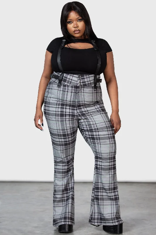 Women's pants with hidden pockets Embellished women jeans with studs or rhinestones for a glamorous touch Prophet Of Doom Suspender Trousers [GREY TARTAN] [PLUS]