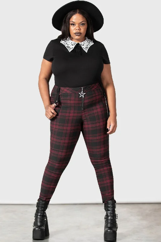 Women's one - piece jumpsuit pants Embroidered women jeans with intricate patterns Tartanarchist Trousers [CRIMSON] [PLUS]