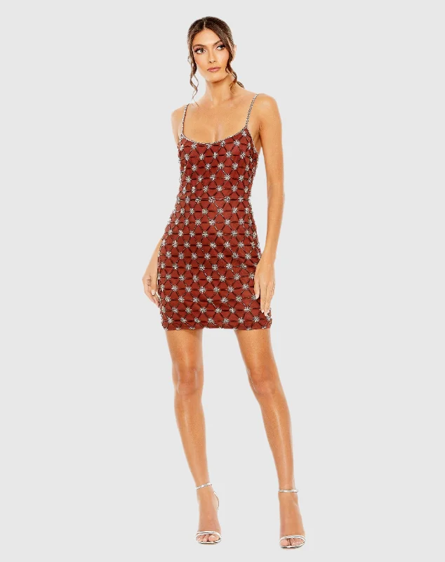 Sheer mini dresses with lace insertsRed Scoop Neck Embellished Mini Dress