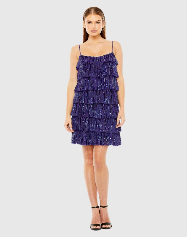 Ruffled mini dresses for a romantic touchBlue Beaded Strap Sequin Ruffle Mini Dress