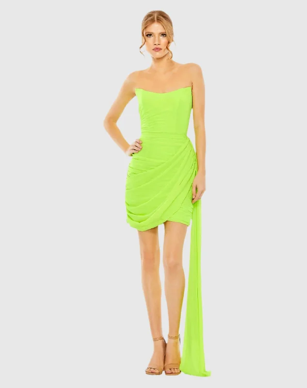 Satin mini dresses for a luxurious feelStrapless Ruched Faux Wrap Dress