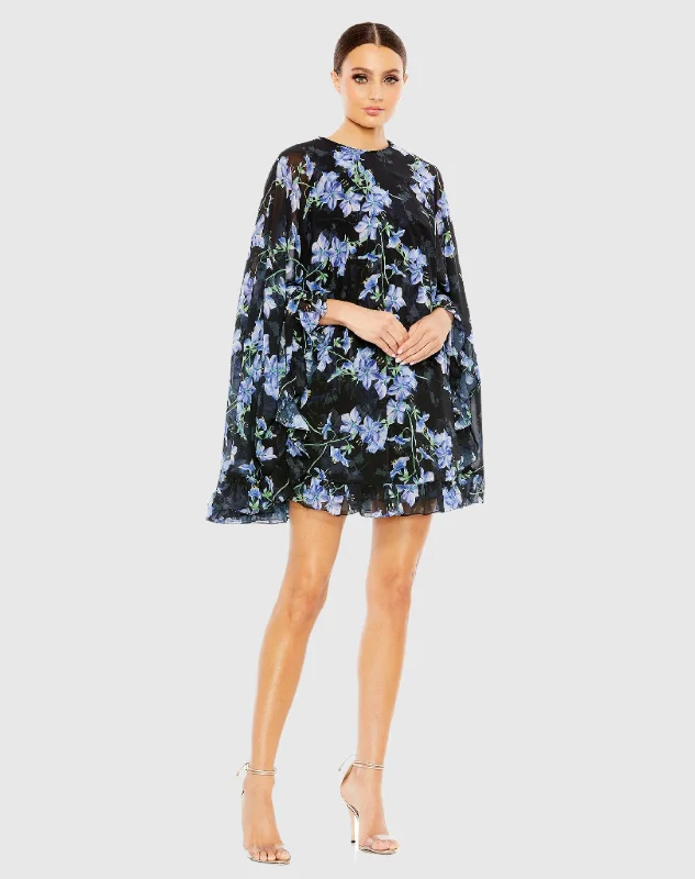 Floral print mini dresses for summer partiesFloral Print High Neck Ruffle Hem Cape Mini Dress Floral print mini dresses for summer partiesFloral Print High Neck Ruffle Hem Cape Mini Dress