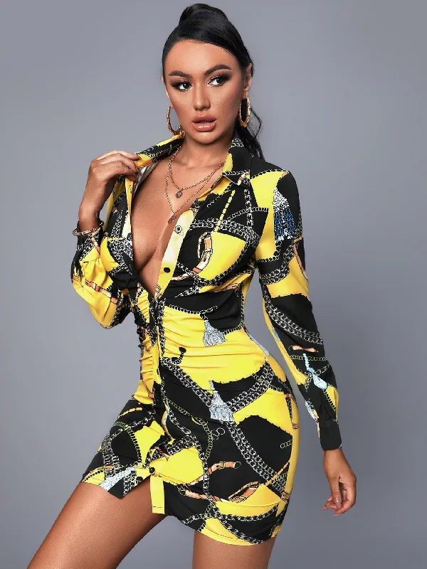 Mini dresses with pocket details for added functionalityKittenAlarm - Chain Print Colorblock Ruched Button Up Shirt Dress Mini dresses with pocket details for added functionalityKittenAlarm - Chain Print Colorblock Ruched Button Up Shirt Dress