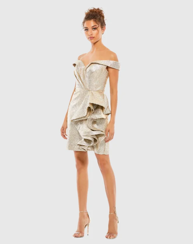 Polyester mini dresses for easy careMetallic Off Shoulder Side Ruffle Mini Dress