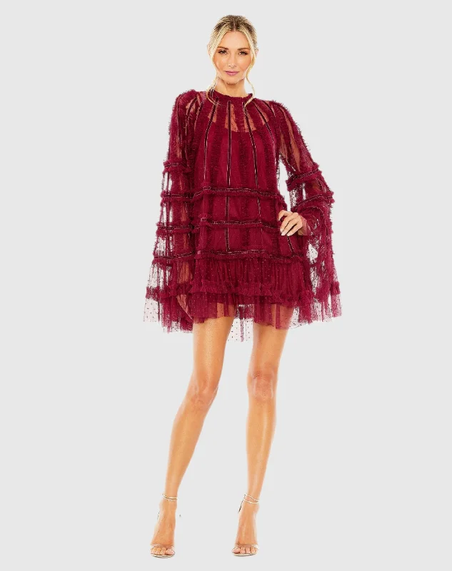 Mini dresses with mesh panels for a sexy and trendy lookRed High Neck Ruffle Bell Sleeve Trapeze Dress Mini dresses with mesh panels for a sexy and trendy lookRed High Neck Ruffle Bell Sleeve Trapeze Dress
