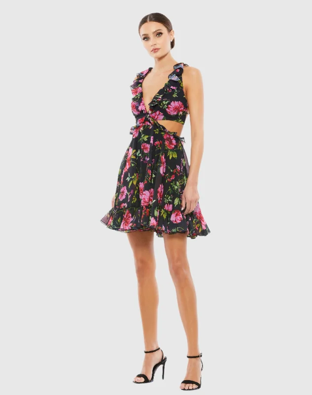 Mini dresses with side slits for a sexy appealRuffle Cut Out Lace Up Flowy Mini Dress - FINAL SALE