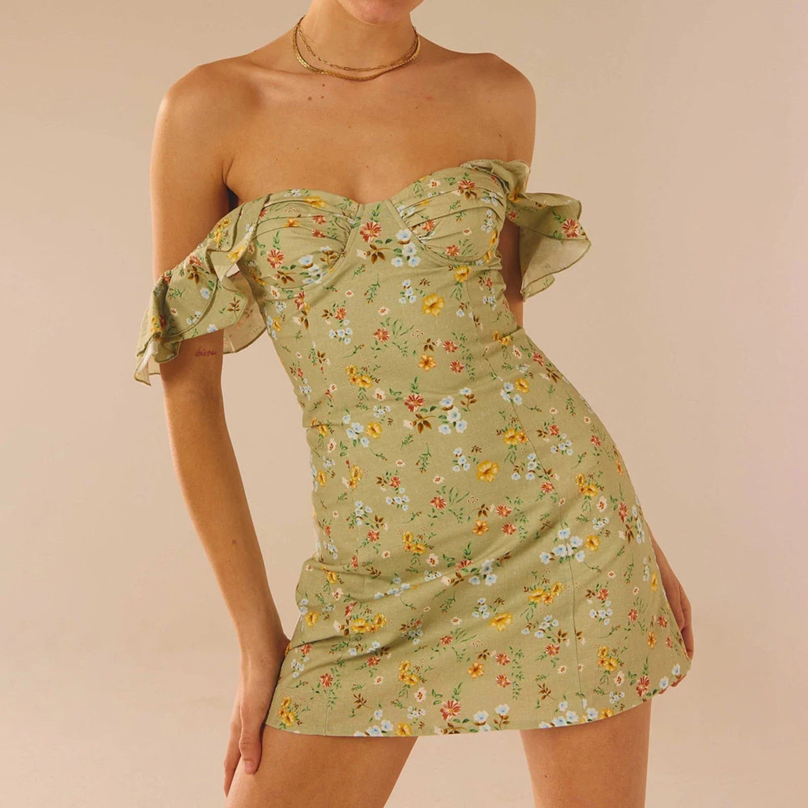 Metallic mini dresses for a glamorous eventWomen's Off Shoulder Sleeveless Floral Print Ruffle Trim Slim Fit Mini Dress Metallic mini dresses for a glamorous eventWomen's Off Shoulder Sleeveless Floral Print Ruffle Trim Slim Fit Mini Dress