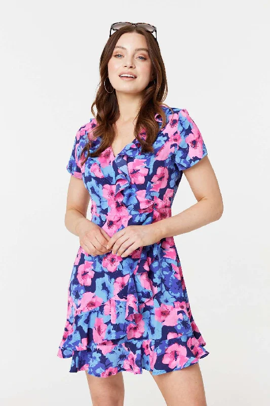 Mini dresses with puff sleeves for a vintage lookFloral Frill Faux Wrap Short Dress