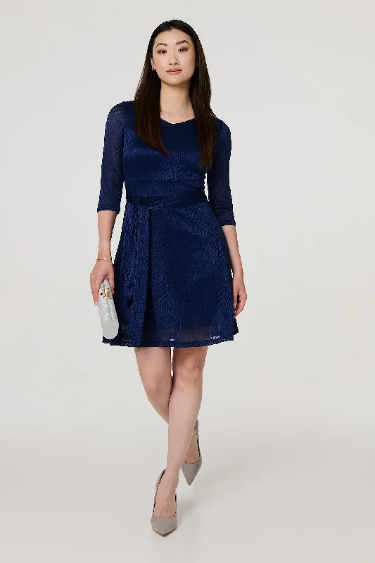 Mini dresses with cold - shoulder designsLace Layer Tie Waist Short Skater Dress