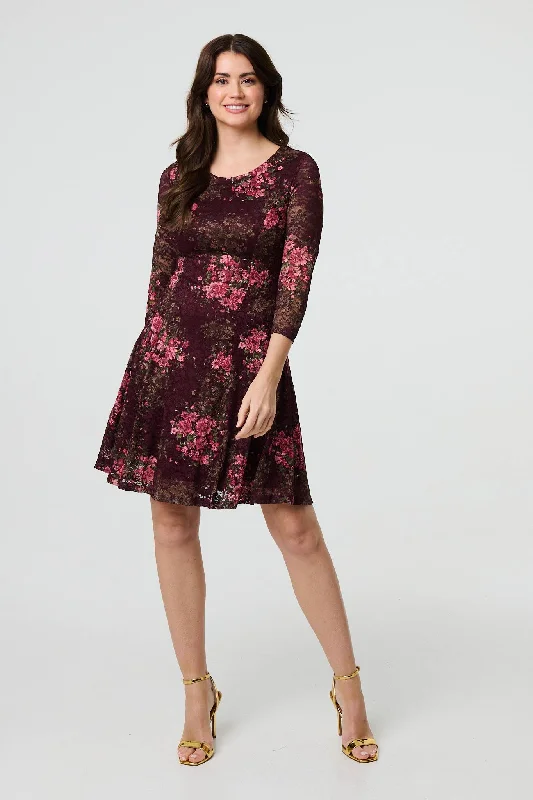Leather mini dresses for a edgy styleFloral Lace Layer Pleated Short Dress