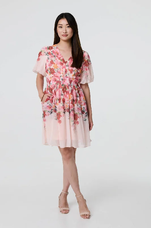 Plaid mini dresses for fall fashionFloral Print Angel Sleeve Mini Dress