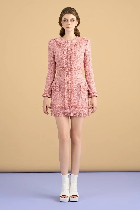 Mini dresses with polka dot patternsEmmie Pencil Fringed Tweed Mini Dress