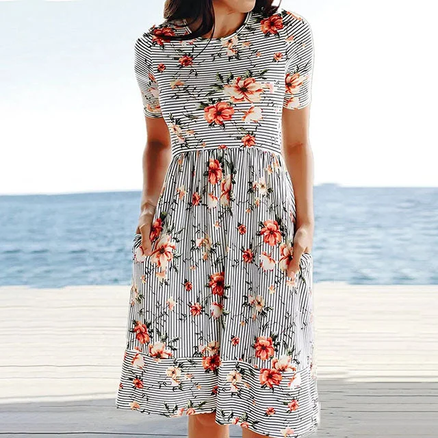 Mini dresses with off - the - shoulder stylesFloral And Striped Dress