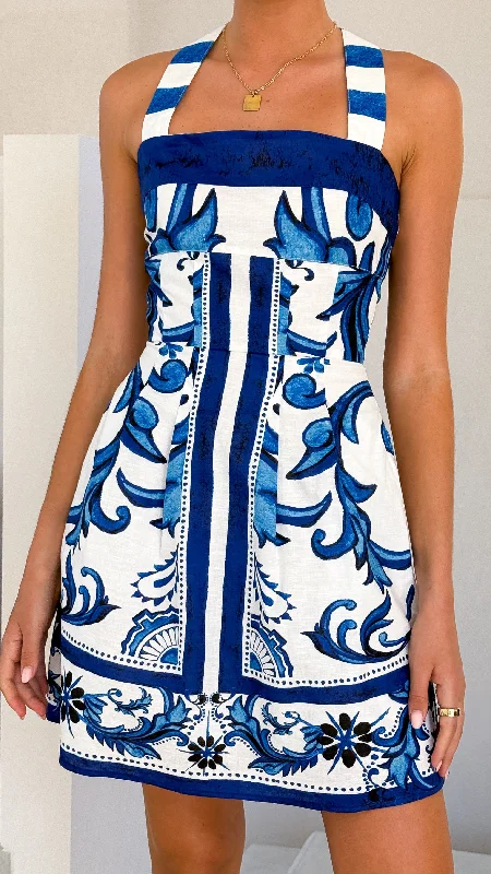 Mini dresses with empire waists for a flattering fitMaegan Mini Dress - Sapphire / White Zayna
