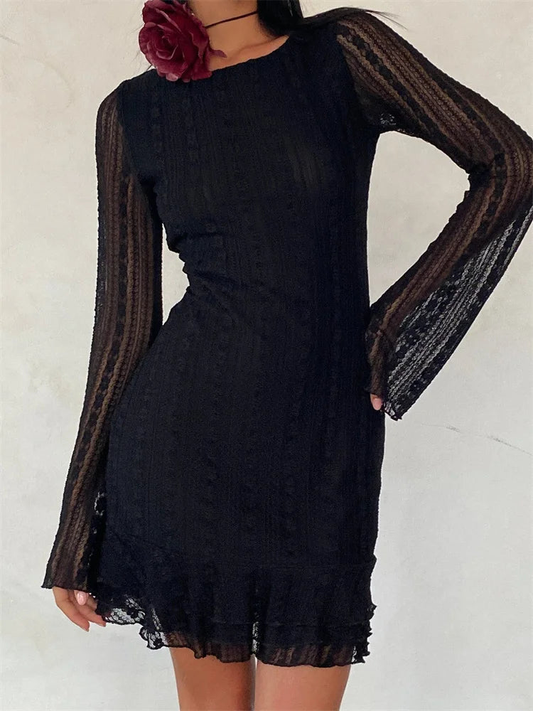 Metallic mini dresses for a glamorous eventFashionSierra - Sexy Lace Party Clubwear Long Flare Sleeve Mesh See Through O-neck Mini Dress Metallic mini dresses for a glamorous eventFashionSierra - Sexy Lace Party Clubwear Long Flare Sleeve Mesh See Through O-neck Mini Dress