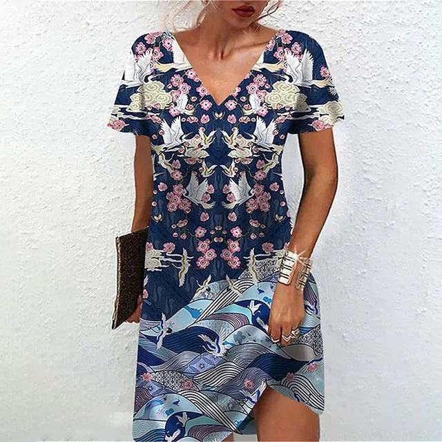 Mini dresses with keyhole necklinesVintage Casual Printed Dress