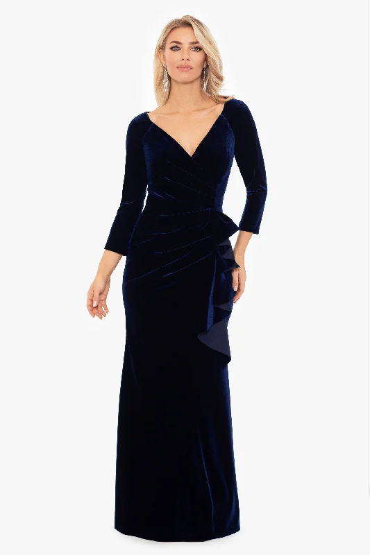 Bow - backed cocktail dresses with a fit - and - flare silhouettePetite "Brenda" Velvet 3/4 Sleeve Ruffle Dress Bow - backed cocktail dresses with a fit - and - flare silhouettePetite "Brenda" Velvet 3/4 Sleeve Ruffle Dress