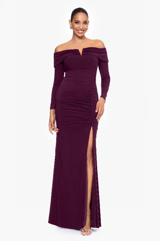 Cocktail dresses with a metallic - embroidered pattern and a midi - hem"Noreen" Long Off the Shoulder Jersey Knit Dress Cocktail dresses with a metallic - embroidered pattern and a midi - hem"Noreen" Long Off the Shoulder Jersey Knit Dress