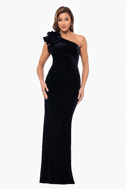 Bow - backed cocktail dresses with a fit - and - flare silhouette"Connie" Long One Shoulder Ruffle Velvet Dress Bow - backed cocktail dresses with a fit - and - flare silhouette"Connie" Long One Shoulder Ruffle Velvet Dress