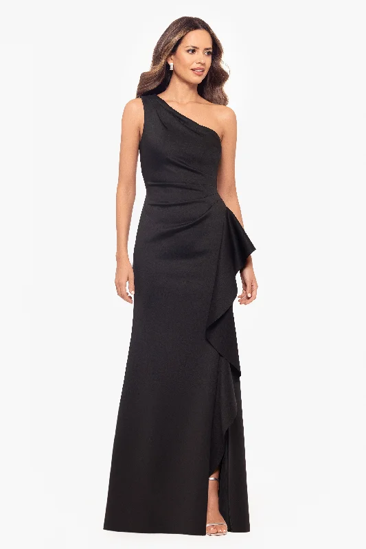 A - line cocktail dresses with floral embroidery for spring parties"Flo" Long Techno Scuba One Shoulder Ruffle Dress A - line cocktail dresses with floral embroidery for spring parties"Flo" Long Techno Scuba One Shoulder Ruffle Dress
