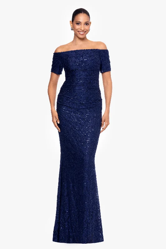 Cocktail dresses with a pleated skirt and a square neckline"Ara" Long Sequin Lace Off the Shoulder 3/4 Sleeve Cocktail dresses with a pleated skirt and a square neckline"Ara" Long Sequin Lace Off the Shoulder 3/4 Sleeve