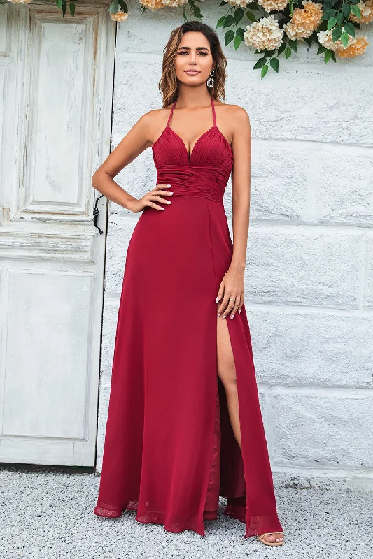 Wedding guest dresses with tiered skirts for a feminine lookA Line Halter Burgundy Long Bridesmaid Dress with Split Front Wedding guest dresses with tiered skirts for a feminine lookA Line Halter Burgundy Long Bridesmaid Dress with Split Front