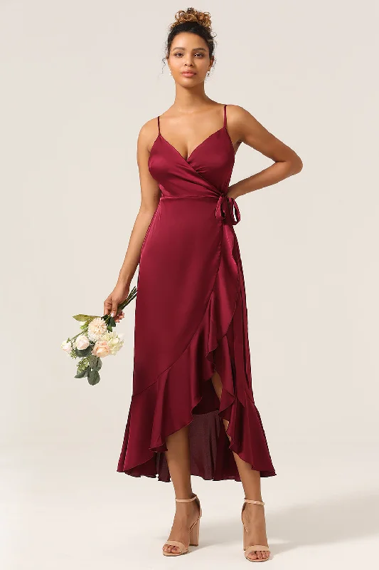 Mini wedding guest dresses with glittery accents for a trendy lookA Line Spaghetti Straps Burgundy Bridesmaid Dress with Ruffles Mini wedding guest dresses with glittery accents for a trendy lookA Line Spaghetti Straps Burgundy Bridesmaid Dress with Ruffles