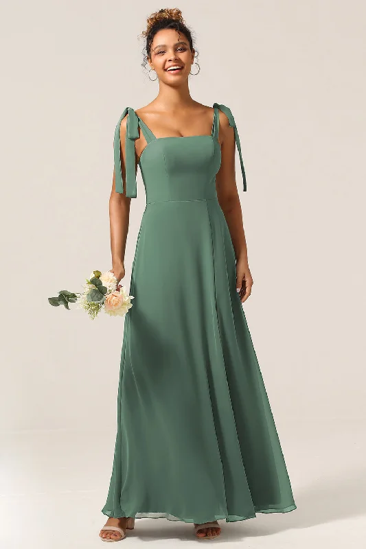 Wedding guest dresses with button - down fronts and A - line silhouettesA Line Spaghetti Straps Eucalyptus Tie Straps Bridesmaid Dress With Slit Wedding guest dresses with button - down fronts and A - line silhouettesA Line Spaghetti Straps Eucalyptus Tie Straps Bridesmaid Dress With Slit