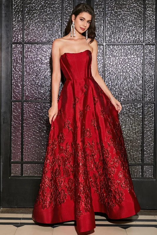 Ribbed - texture cocktail dresses with a cap - sleeve designA-Line Strapless Elegant Princess Dark Red Long Prom Dress with 3D Flowers Ribbed - texture cocktail dresses with a cap - sleeve designA-Line Strapless Elegant Princess Dark Red Long Prom Dress with 3D Flowers