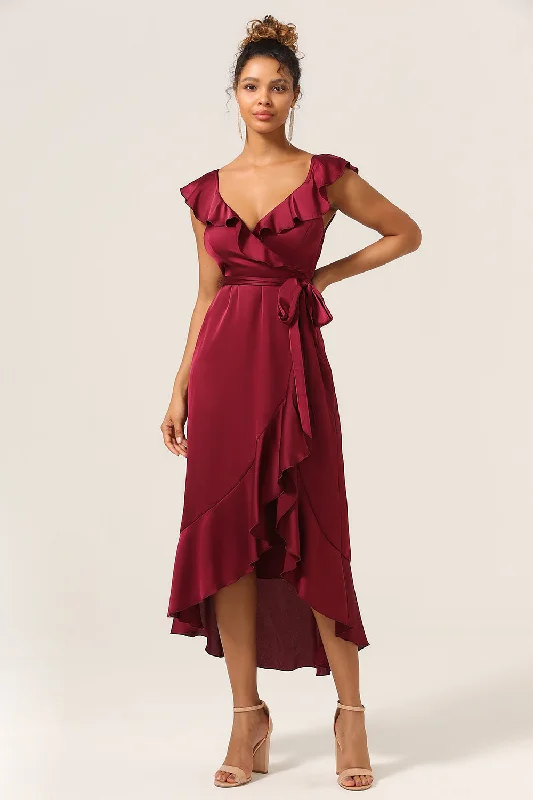 Ruffled - sleeve wedding guest dresses in light blue for a spring weddingA Line V-Neck Burgundy Bridesmaid Dress with Ruffles Ruffled - sleeve wedding guest dresses in light blue for a spring weddingA Line V-Neck Burgundy Bridesmaid Dress with Ruffles