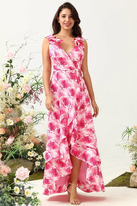 Wedding guest dresses with fringe accents for a bohemian - inspired weddingA Line V Neck Pink Flower Printed Long Bridesmaid Dress with Ruffles Wedding guest dresses with fringe accents for a bohemian - inspired weddingA Line V Neck Pink Flower Printed Long Bridesmaid Dress with Ruffles