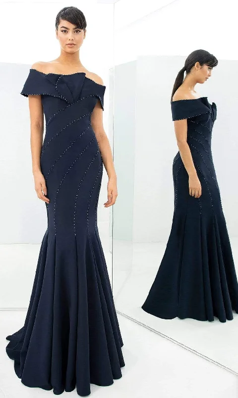 Midi wedding guest dresses in navy blue for a formal affairAlexander by Daymor - 1359 Off Shoulder Jersey Trumpet Gown Midi wedding guest dresses in navy blue for a formal affairAlexander by Daymor - 1359 Off Shoulder Jersey Trumpet Gown