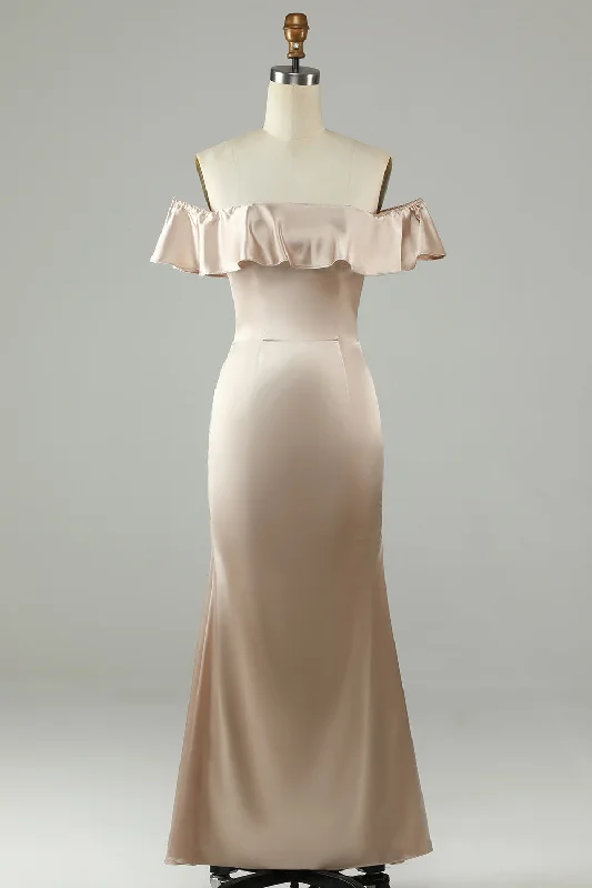 Wedding guest dresses with ruched bodices and spaghetti strapsAnkle-Length Off The Shoulder Champagne Long Bridesmaid Dress with Ruffles